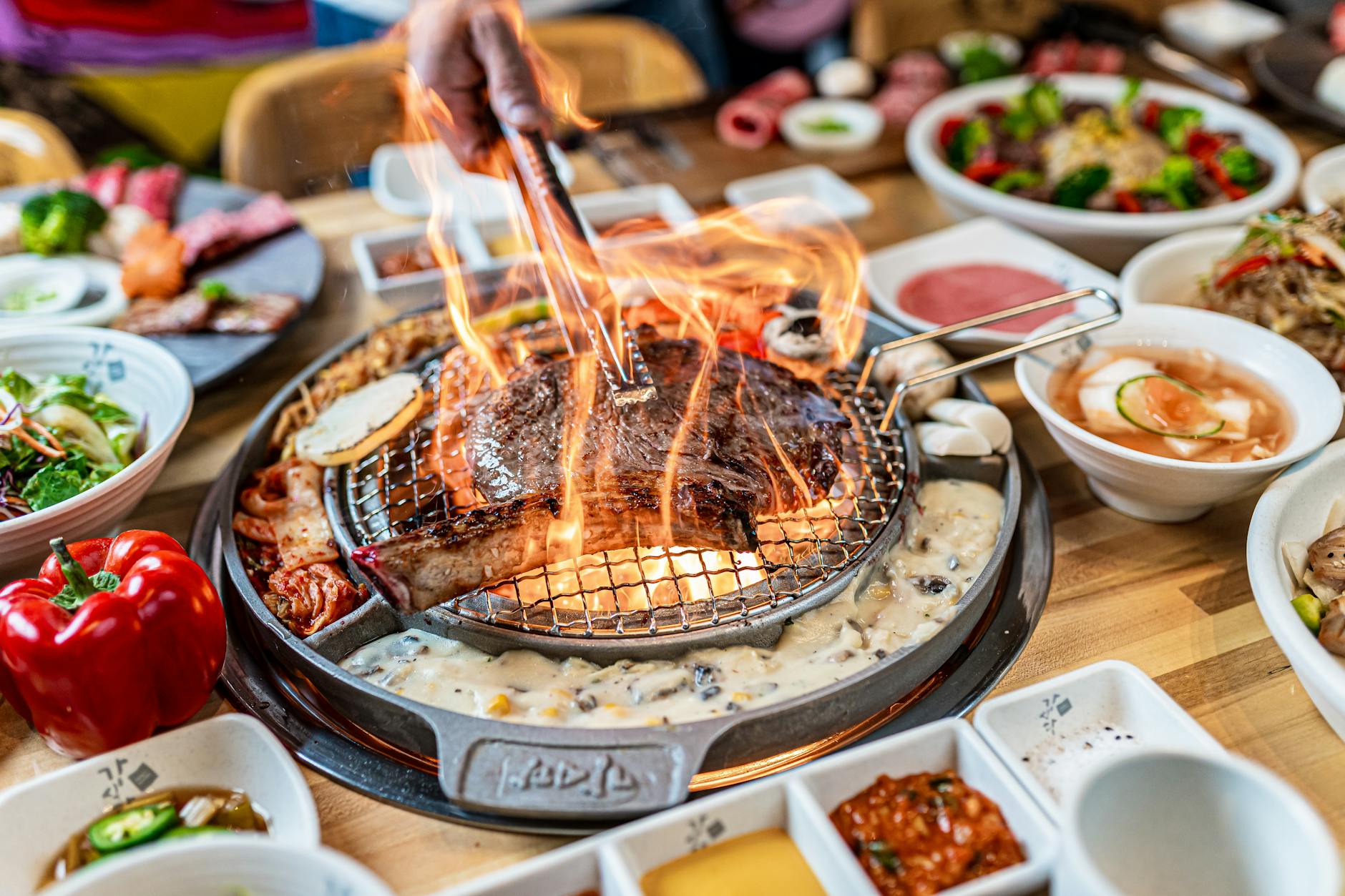 Live fire grill at a Korean barbecue table